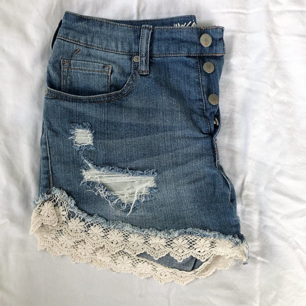 Lace Trim Distressed Jean Shorts